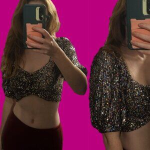 Forever 21 Rainbow Sequin Puff Sleeve Crop Top
